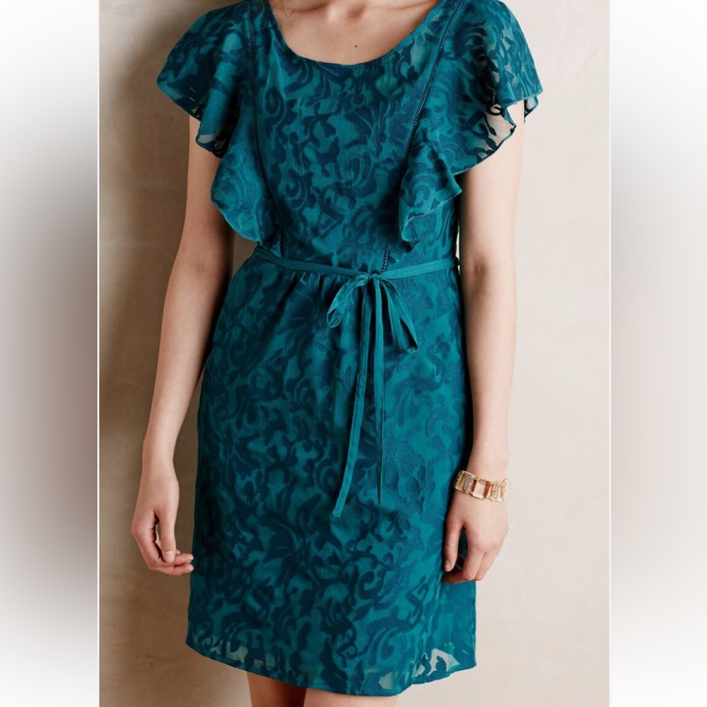 Anthropologie Moulinette Soeurs Teal Green
Embroidered Flutter Dress